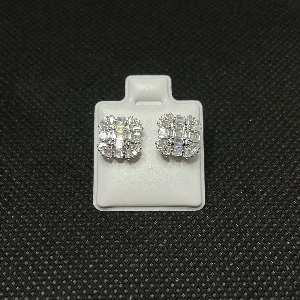 Silver‎ Tone Square Cluster Stud Earrings Baguette Round Cubic Zirconia 10mm